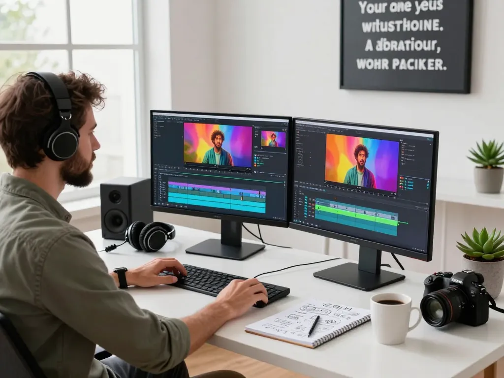 Filmmaker utilizing seedance 2.0 in a vibrant digital workspace, engaged in video editing and storytelling.