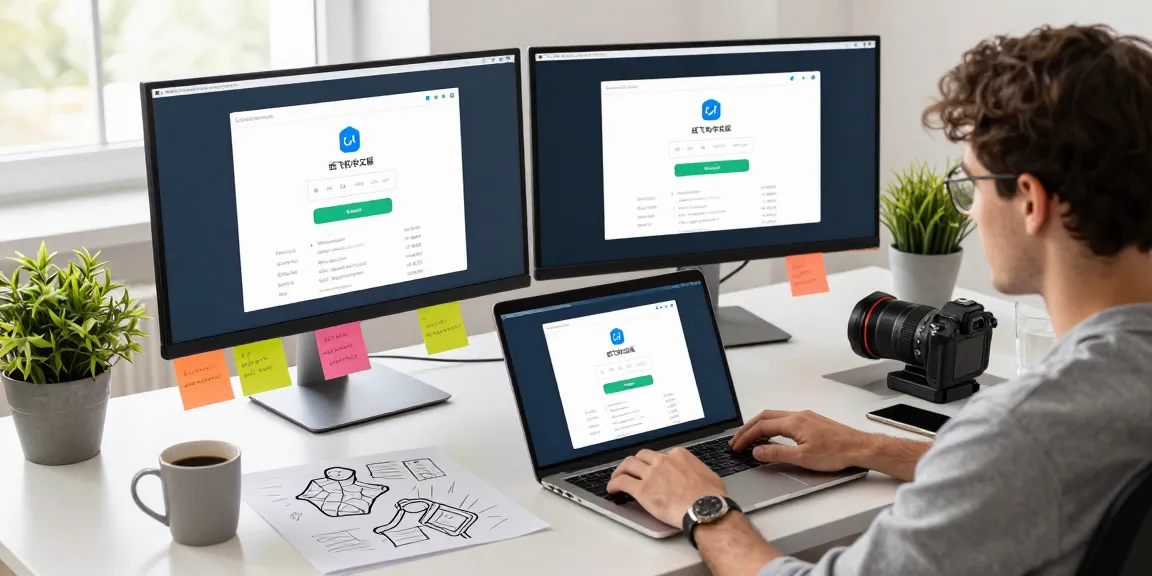 Exploring the 纸飞机中文版 app in a modern tech workspace with dual monitors and vibrant design.