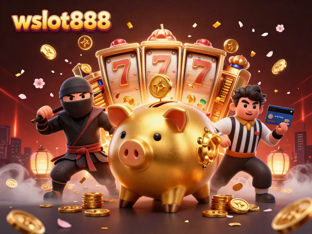 Menangkan permainan di wslot888 dengan karakter sumo dan ninja, dikelilingi oleh koin emas.