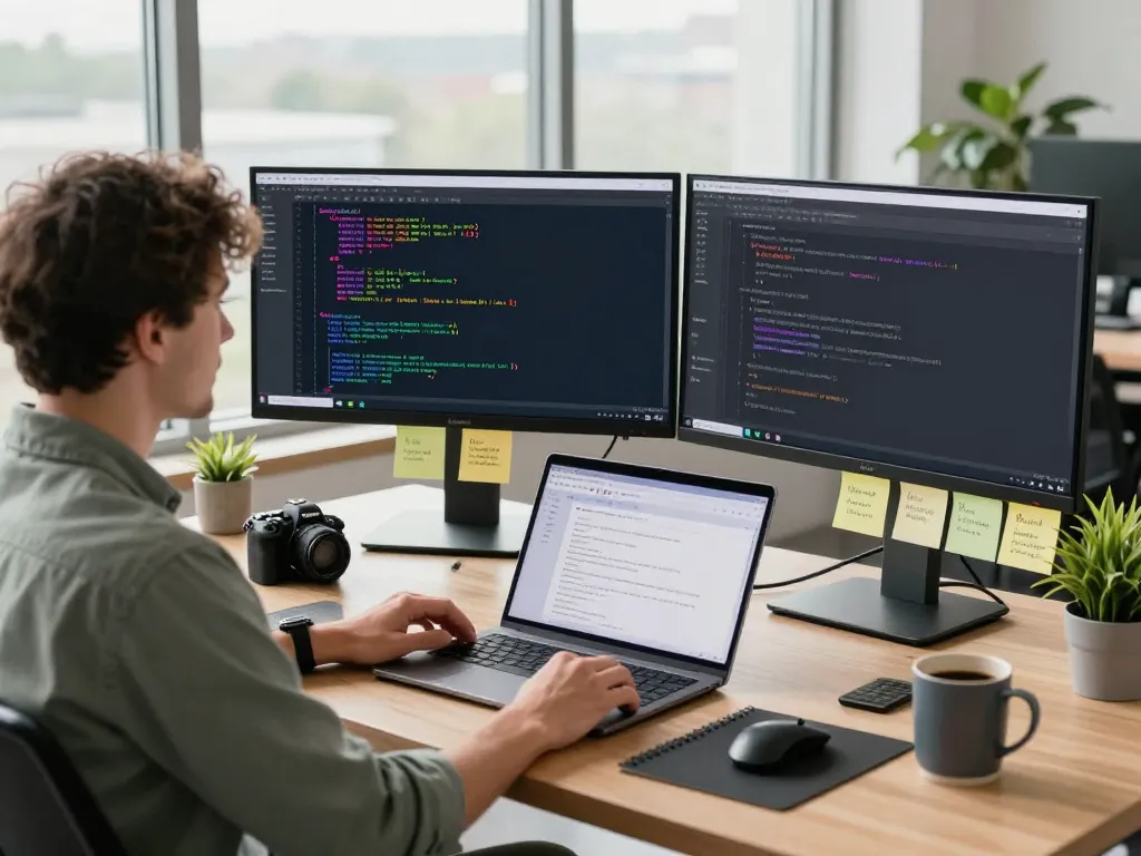 Developer using Moltbot to streamline tasks in a modern workspace.