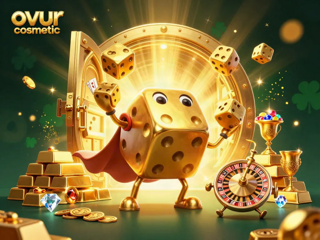 Engaging ovur cosmetic illustration with a golden dice golem and vibrant casino elements, showcasing luck and fun.