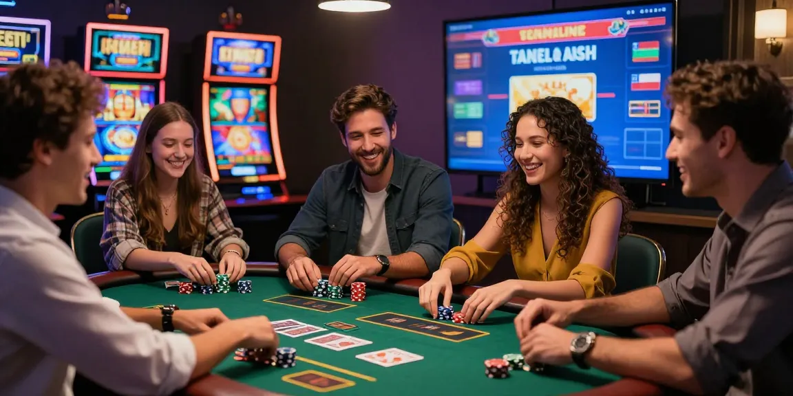 Excitant rassemblement de casino en ligne avec des amis profitant de jeux de croupiers en direct et d'une atmosphère engageante.