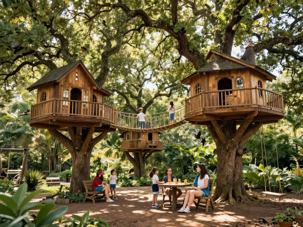 Tree house life in a vibrant treehouse village with families enjoying nature.