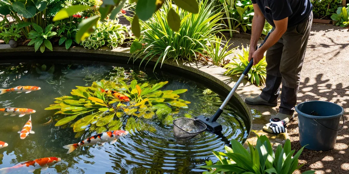 Pond Clean Surrey expert cleaning a vibrant pond in a lush garden setting