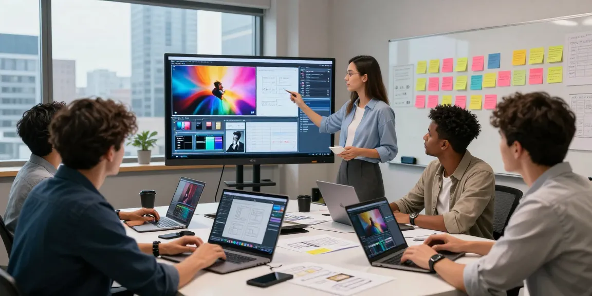 Team collaborating at a video marketing agency singapore workspace with vibrant visuals and creative ideas.