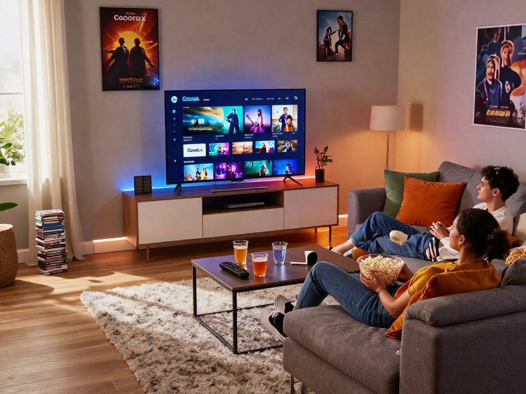 Couple enjoying Cocoflix movie night in cozy living room with popcorn, stylish decor, and vibrant atmosphere.