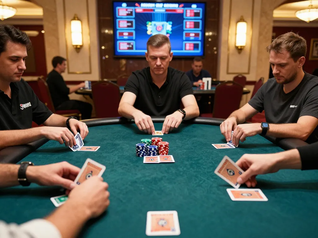 Engaged players at a 99win poker game, showcasing strategic betting and a lively atmosphere.