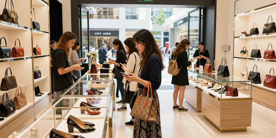 Stylish shopper enjoying the experience at a 레플리카 쇼핑몰, showcasing luxury replicas in a vibrant urban setting.