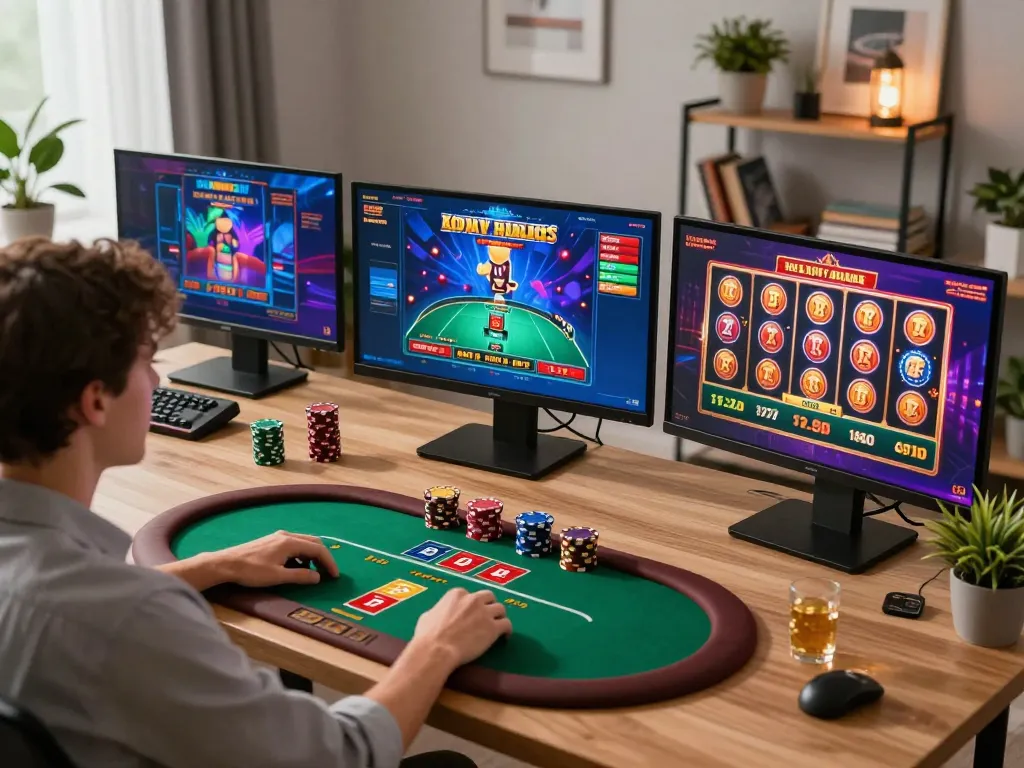 Engaging in online games at home with 68gamebaivn, multiple screens showcasing poker and slots.