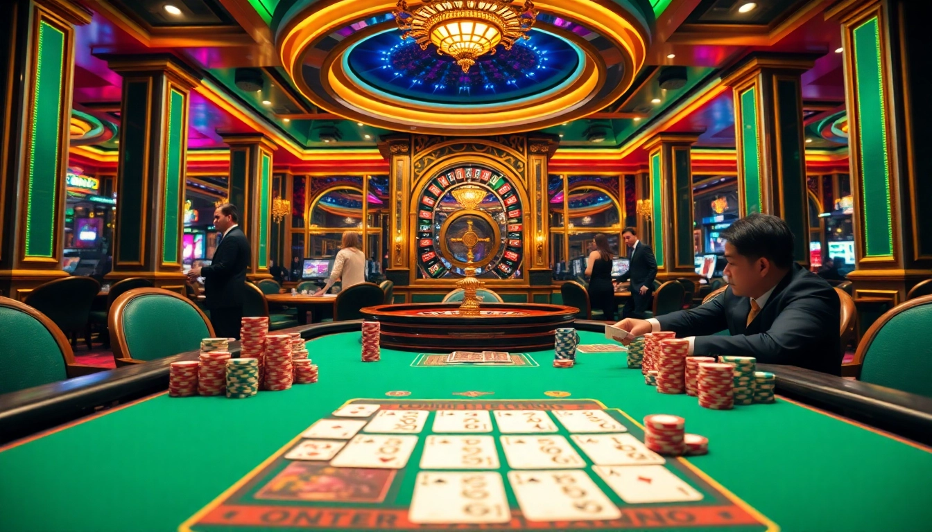 Action de poker excitante mettant en valeur les meilleurs casinos en ligne avec des jetons et des cartes vibrants à une table luxueuse.