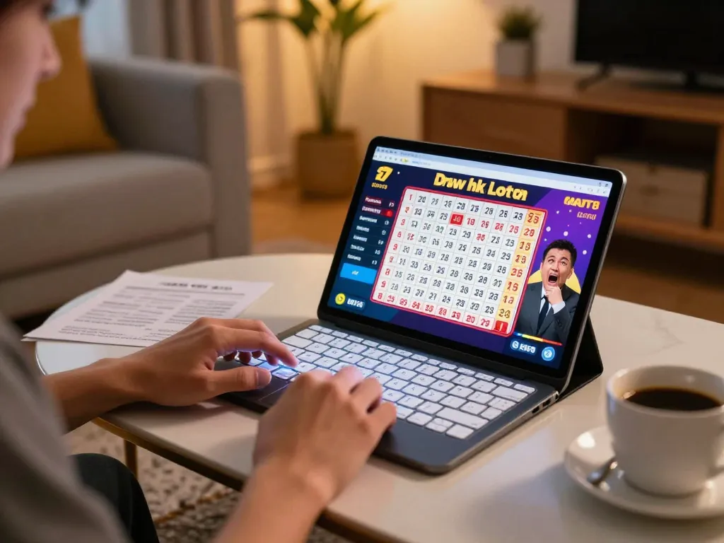 Watch live draw hk lotto numbers being drawn on a tablet in a cozy home setting.