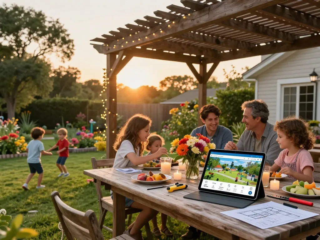 Family enjoying time under a custom pergola configured using a pergola configurator.
