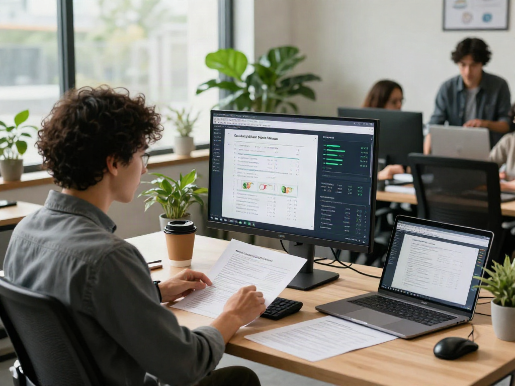 Data analyst working on a document fraud detection solution in a modern office.