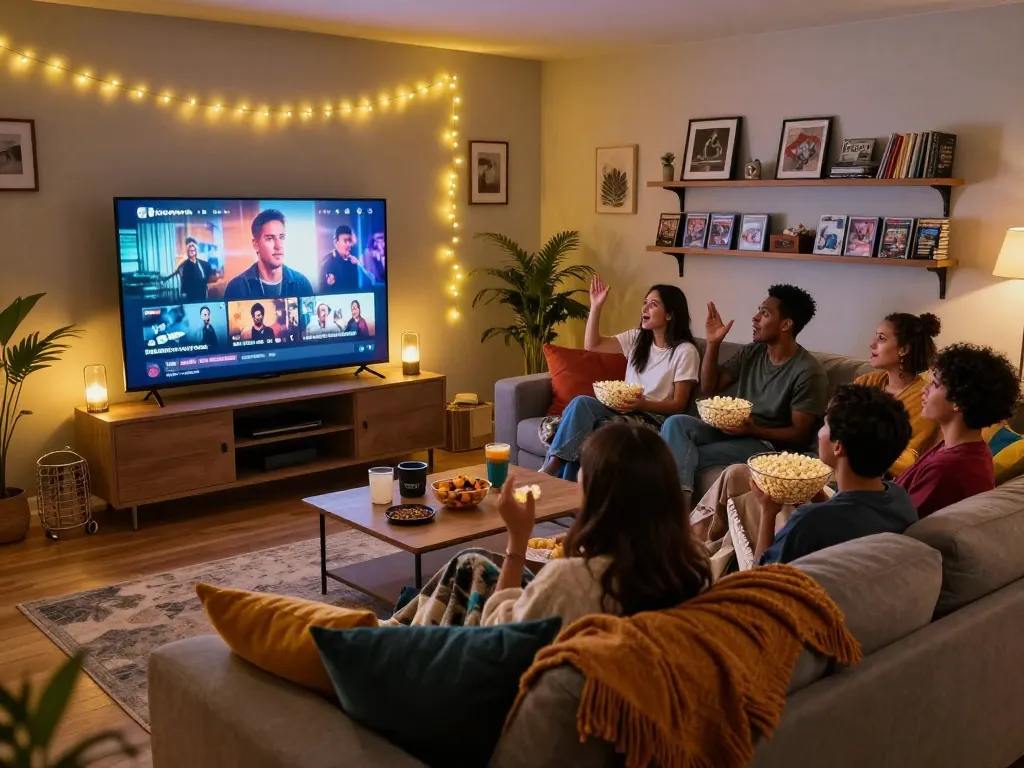 Friends enjoying a Binge Guide session while watching favorite TV shows in a cozy living room.