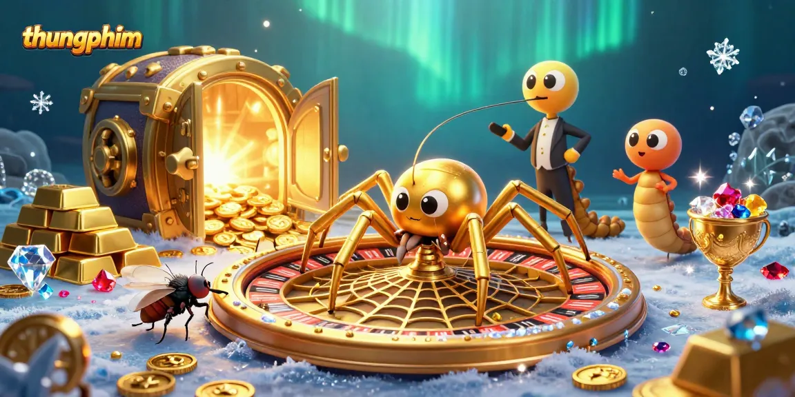 Place bets with thungphim while navigating a vibrant roulette wheel scene filled with golden treasures.