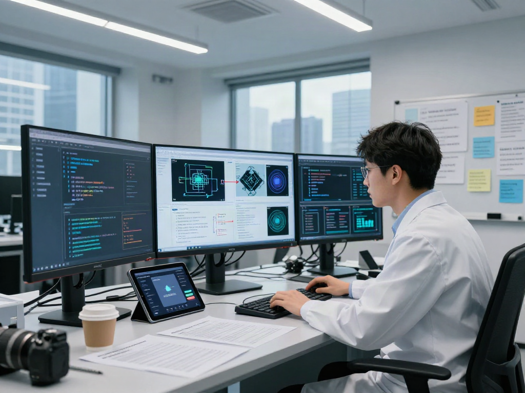 AI Image Detector lab with scientist analyzing AI-generated images on monitors and data visualizations.