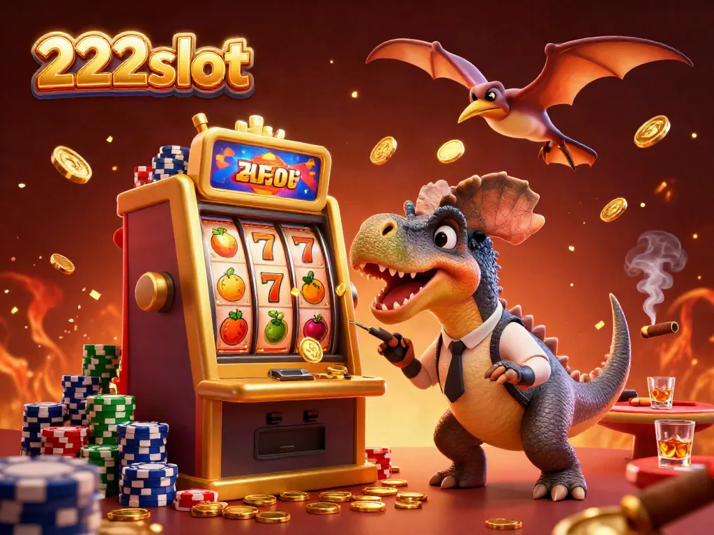 Gambaran 3D slot jackpot interaktif dengan 222slot, pterosaurus menangkap koin emas.