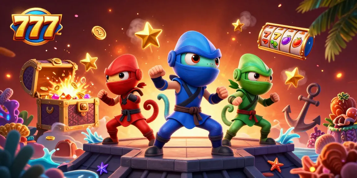 Experience thrilling wins with 777 through a dynamic illustrated scene featuring ninja chameleons around exploding lottery treasures.