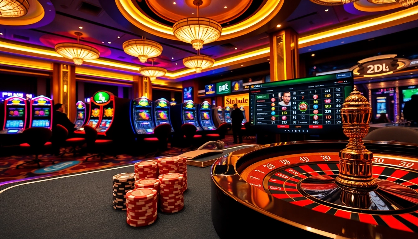 7upbet table with vibrant poker chips and roulette wheel in a luxurious casino setting