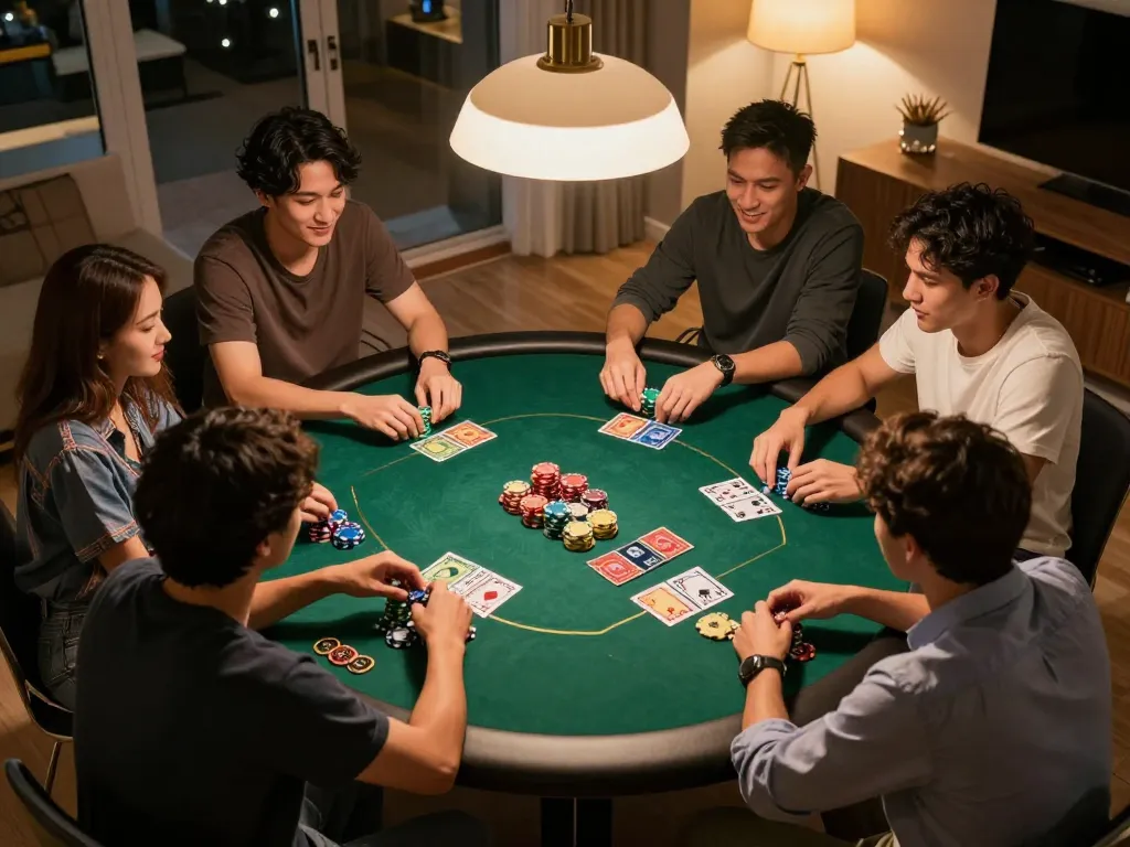 Engaged players strategizing in a dynamic poker game at home, a scene showcasing casino europei online atmosphere.