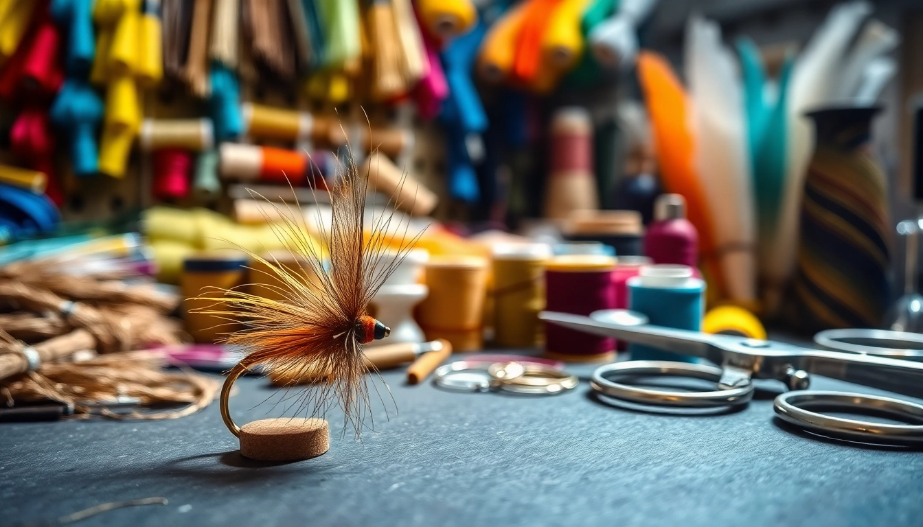 Fly tying workspace displaying colorful materials and tools for creating unique flies.