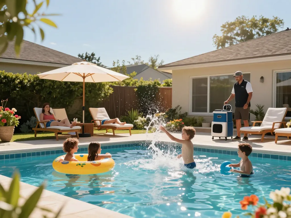 Dolphin Pool Services family enjoying a well-maintained pool in a sunny backyard