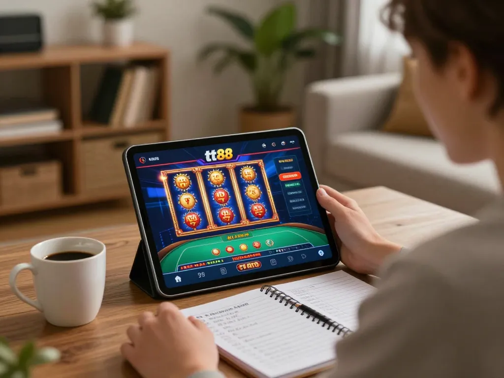 Player engaged in tt88 online gaming session with tablet in cozy home setting, depicting strategic gameplay.