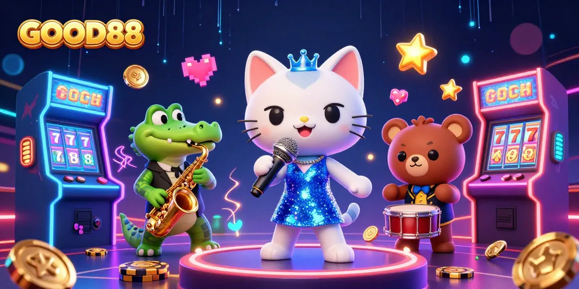 Engage in thrilling gameplay at GOOD88 with a vibrant casino scene featuring unique characters.