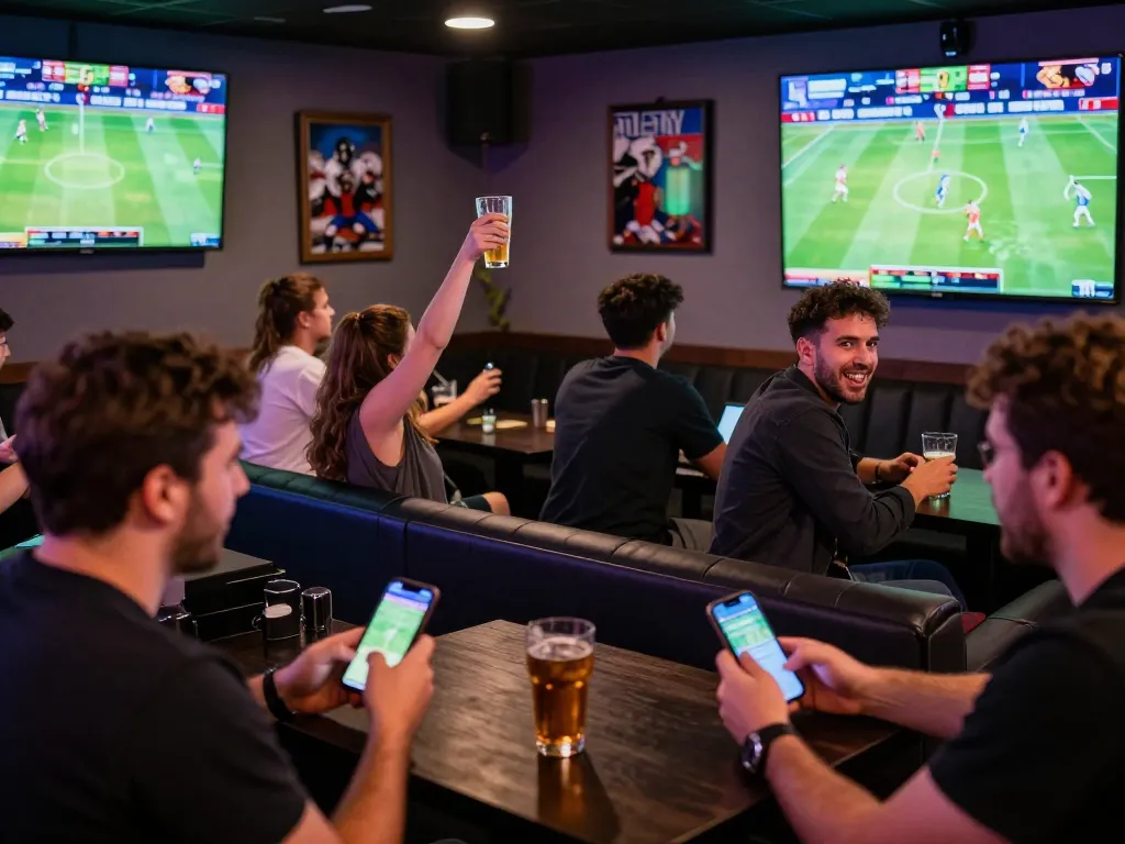 Fans enjoying sports betting at 88clb, celebrating wins with drinks and mobile betting