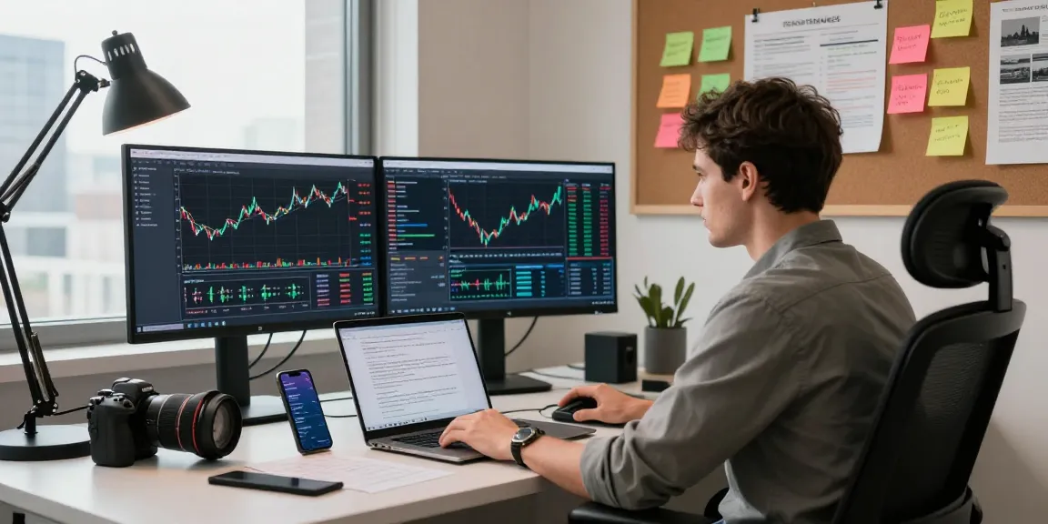 Trader using multiple screens to analyze market data on MT5 platform in a modern office setting.