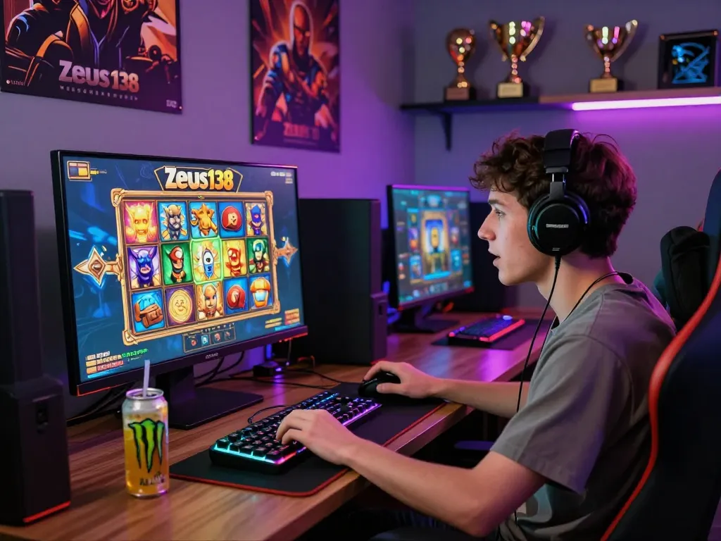 Enthusiastic player enjoying Zeus138's online slot game in a vibrant gaming room.