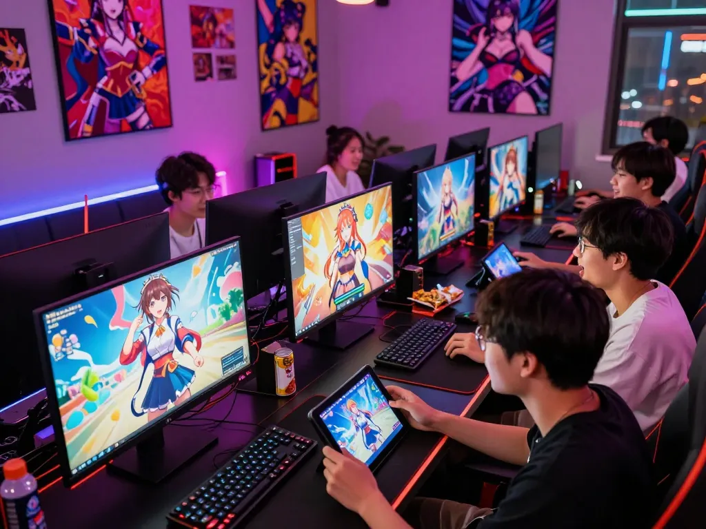 Group of friends playing exciting hentai games in a lively gaming lounge atmosphere