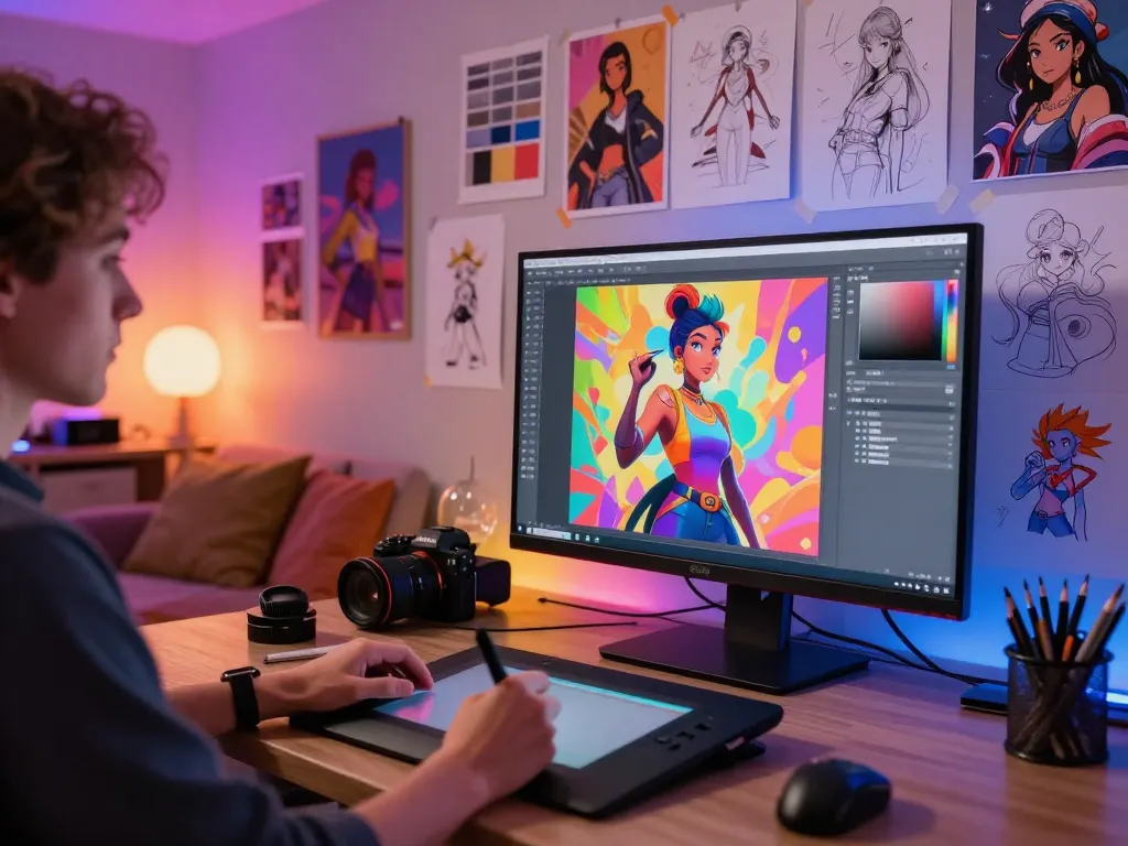 Creating engaging NSFW AI characters in a vibrant digital art studio, focused on character design.