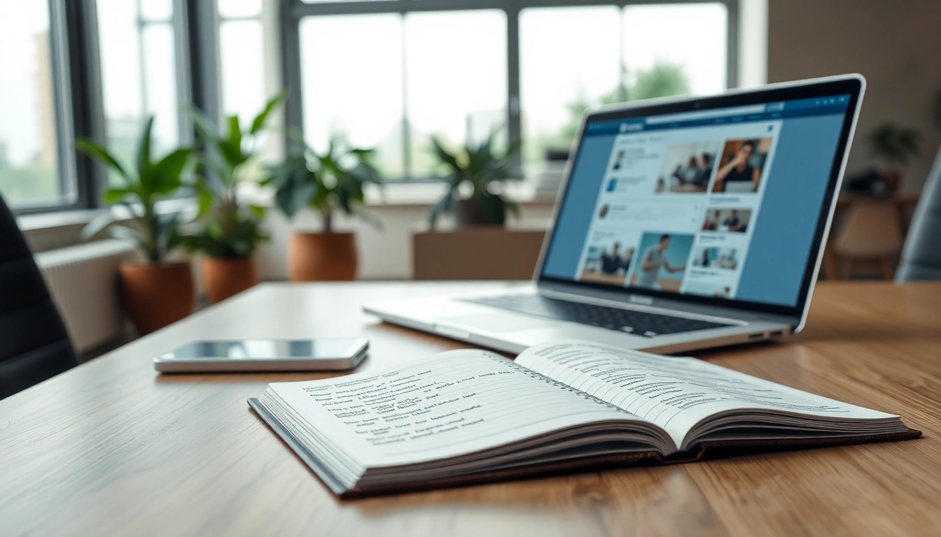 Efficiently using linkedin business email finder tool on a modern office desk with laptop.