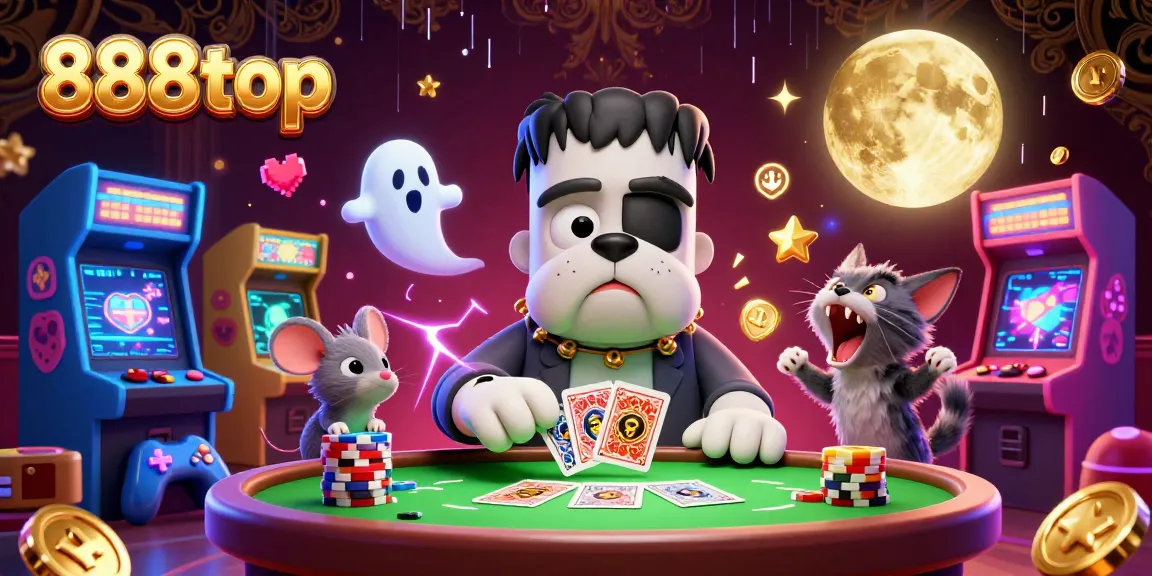 Engage with the vibrant world of 888top as a Frankenstein bulldog deals cards at a haunted casino table.
