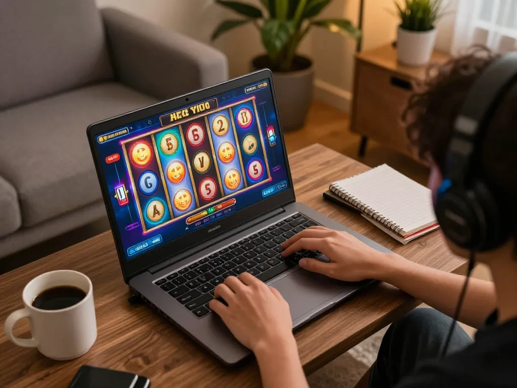 Player enjoying slot bet 200 perak on laptop in a cozy home environment with vibrant gaming visuals.