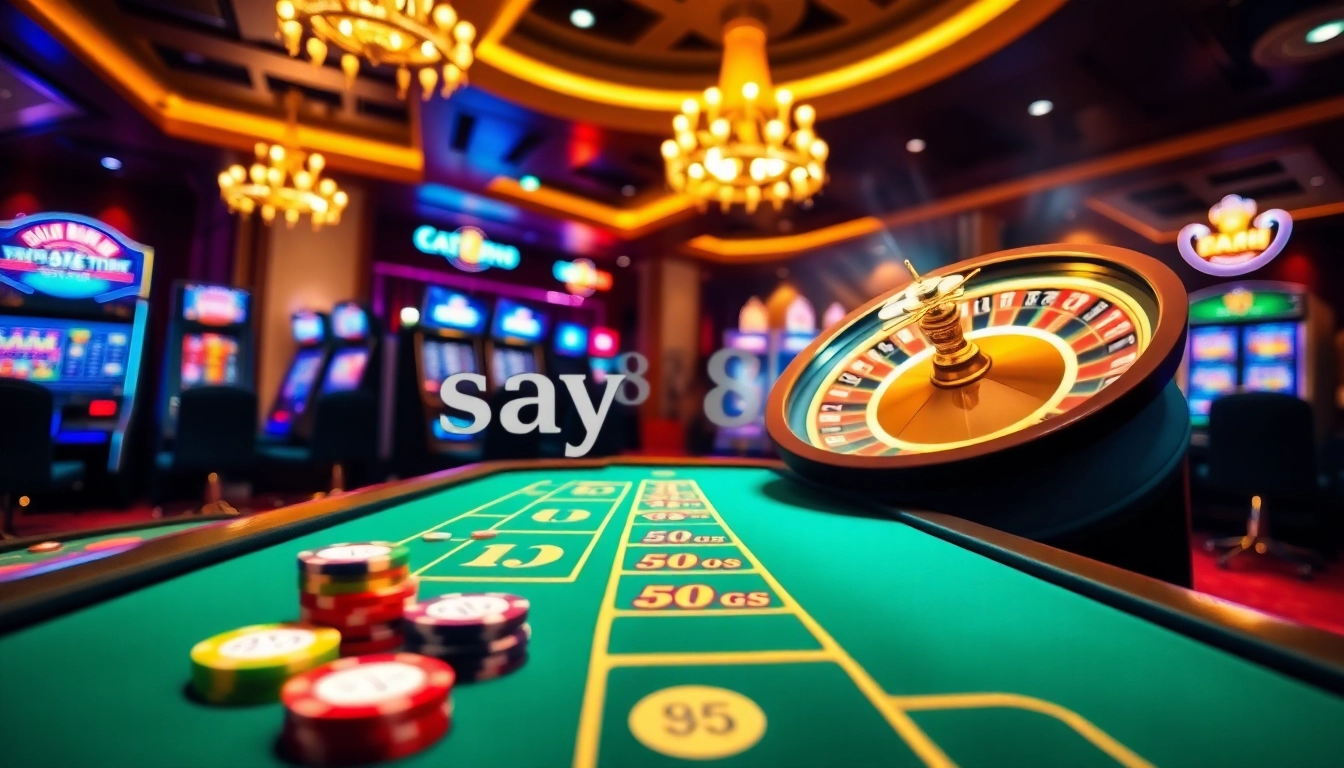 Experience exhilarating gaming moments at say88 com with vibrant casino visuals, poker tables, and slot machines.