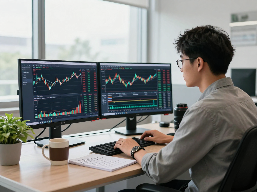 使用TradingView进行股市分析的亚洲交易员，现代办公室环境，展示实时市场数据。