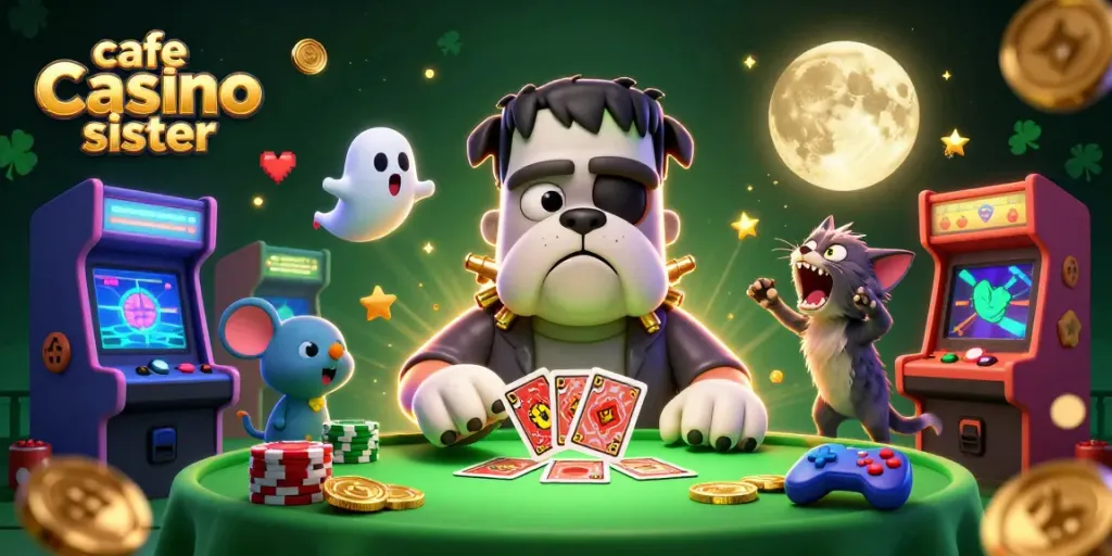Experience the thrill of cafe casino sister casinos with a lively 3D casino illustration featuring engaging characters.