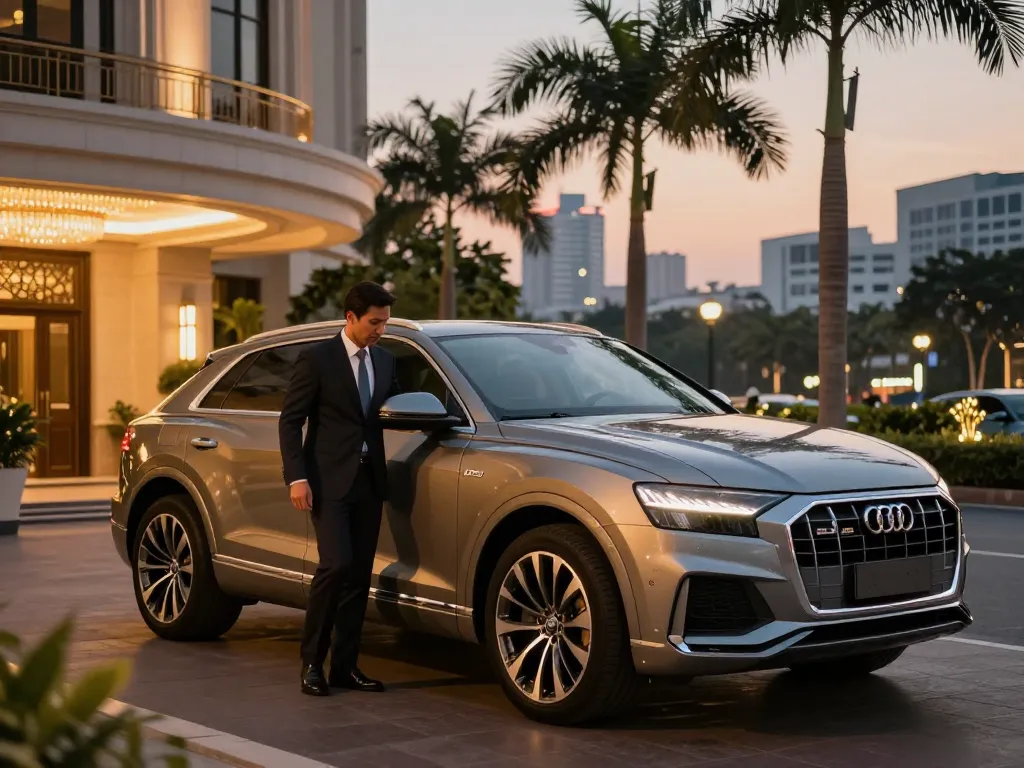 Dịch vụ cho thuê xe ô tô hạng sang với một chiếc Audi Q8 và một tài xế chuyên nghiệp trong một môi trường đô thị cao cấp.