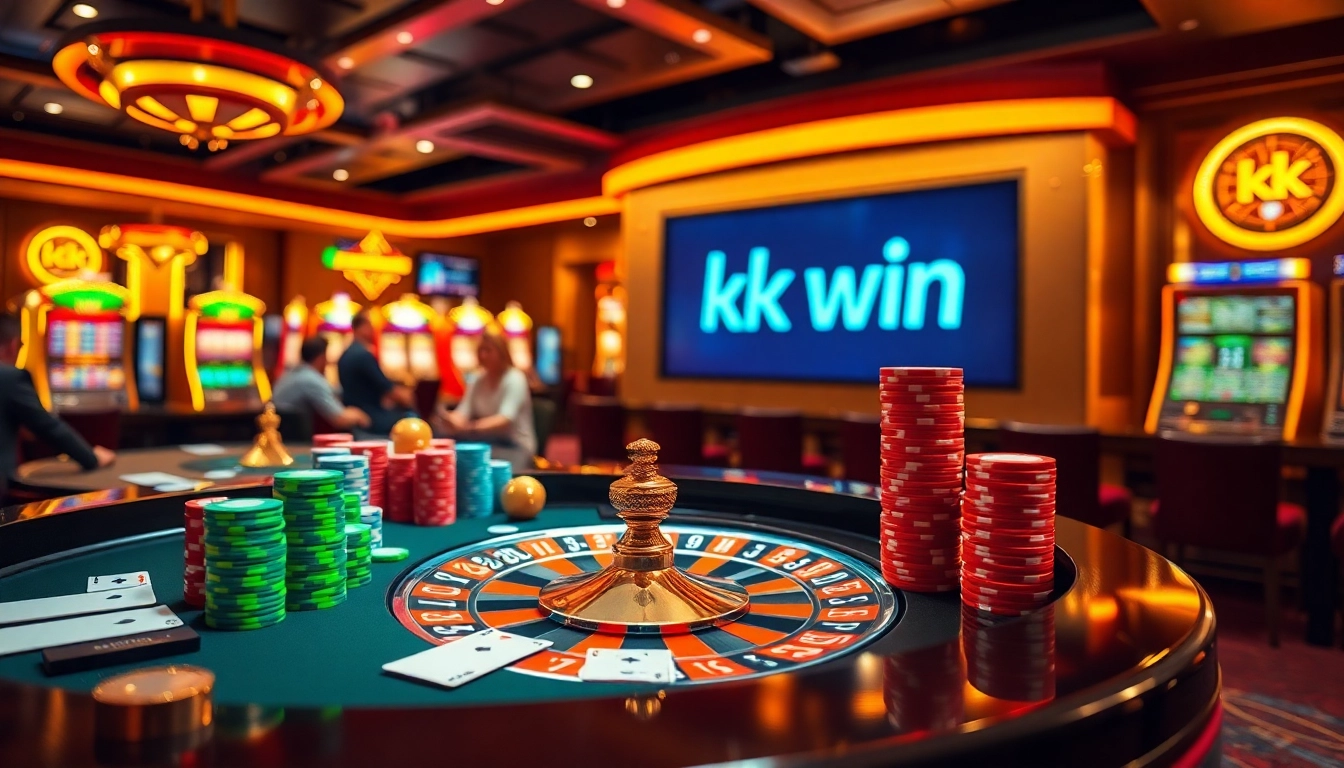 kk win casino scene with roulette table, poker chips, and vibrant slots.