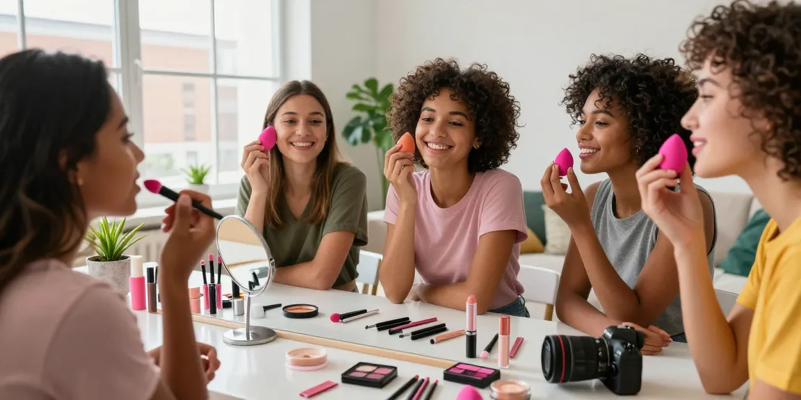 Friends using a silicone beauty blender for a flawless makeup finish in a bright modern apartment.