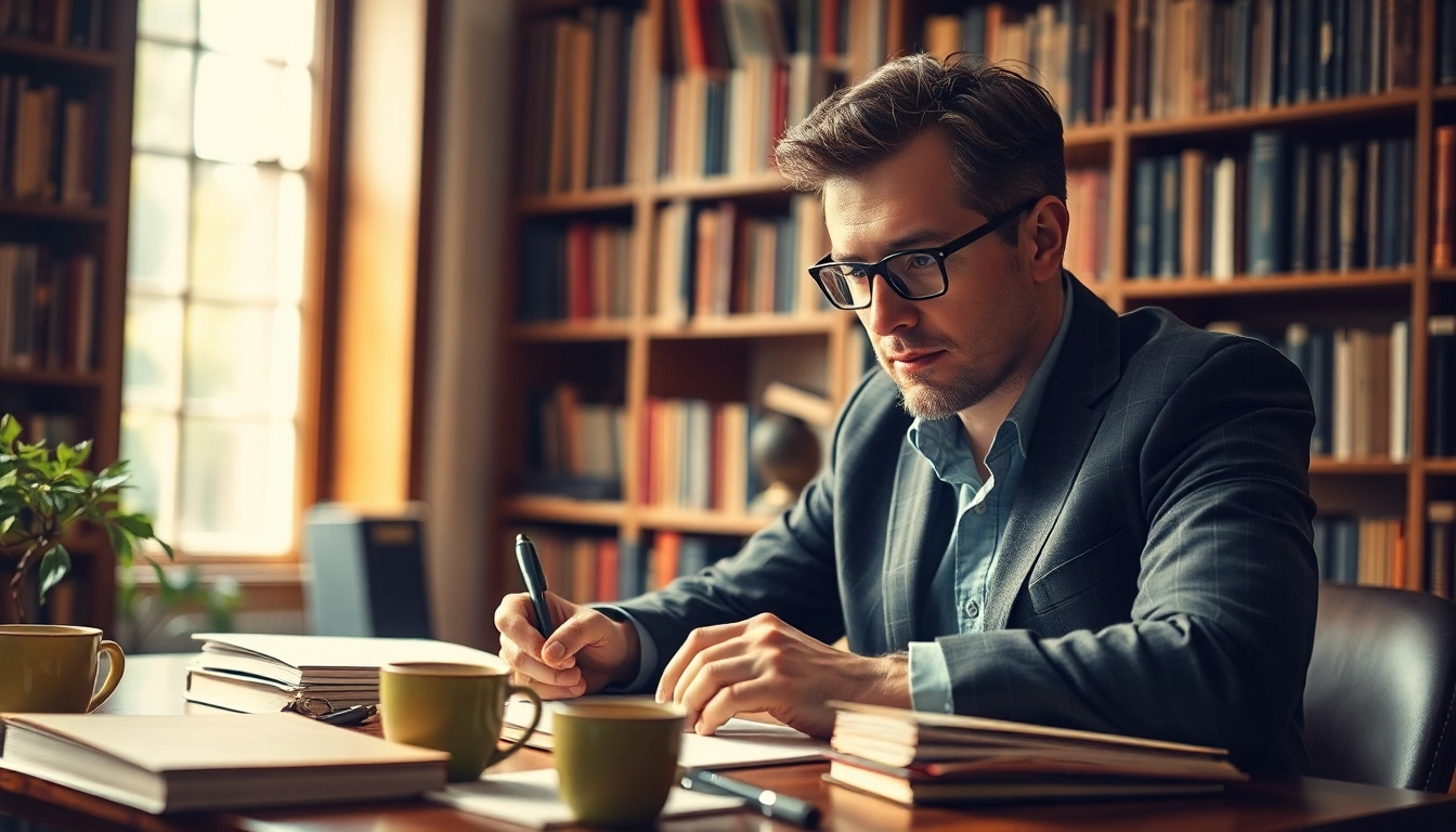 Author writing at a desk filled with books and notes, capturing creativity and inspiration.