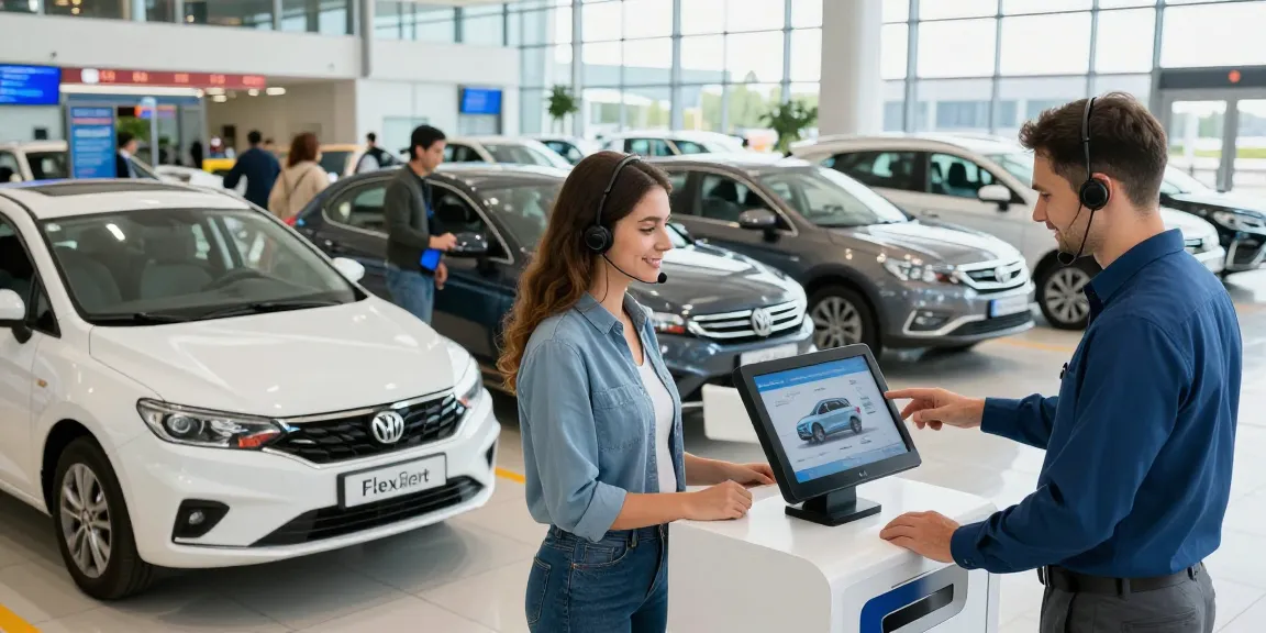 FlexRent Chirie Auto Chisinau rental car service at Chișinău airport with diverse vehicles and friendly staff.