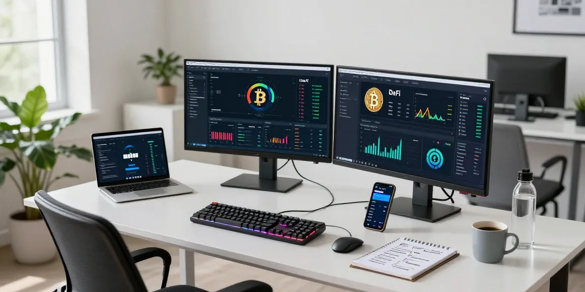 bitcoin mining company performance metrics on multiple screens in a cryptocurrency trading workspace featuring advanced technology and wallet management