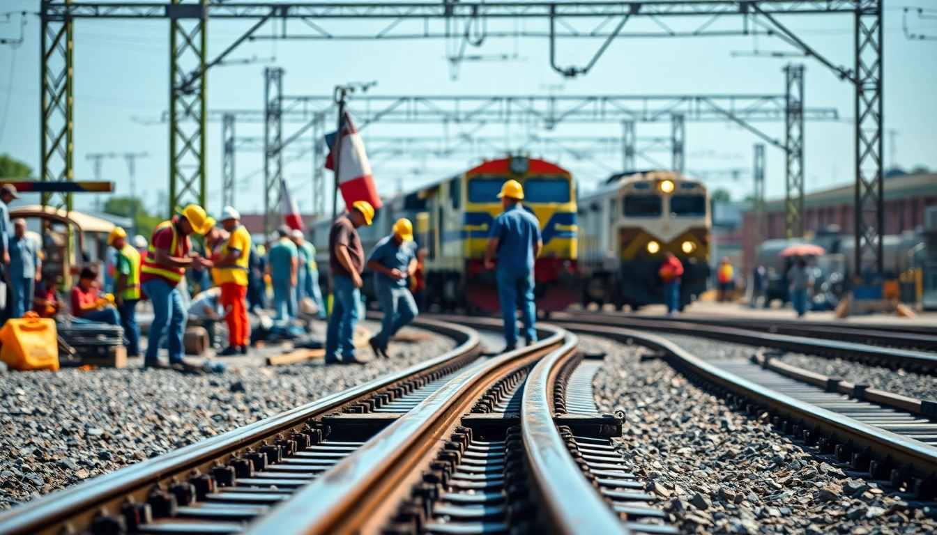 Workers constructing railroad tracks at a Railroad Track Construction Company site, showcasing teamwork and industry.
