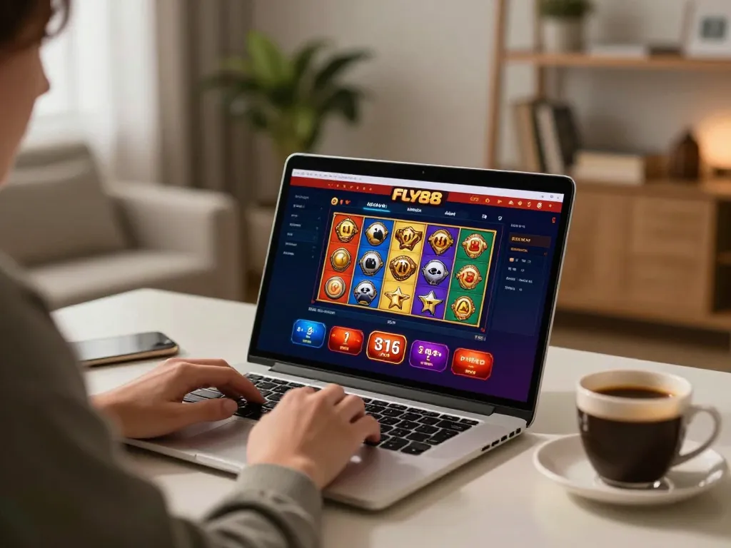 Engaged player using FLY88 website for online slots and poker in a cozy home setting.
