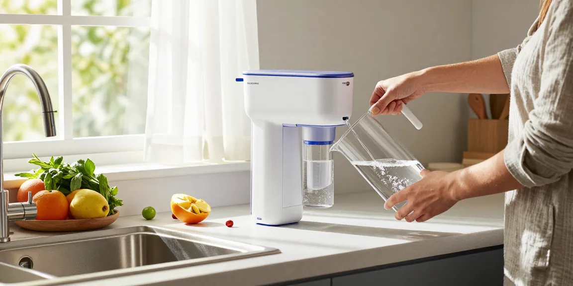 AQUA CREST GXRTDR Inline Water Filter showcased in a modern kitchen scene, emphasizing stylish functionality with a water pitcher and fresh ingredients.