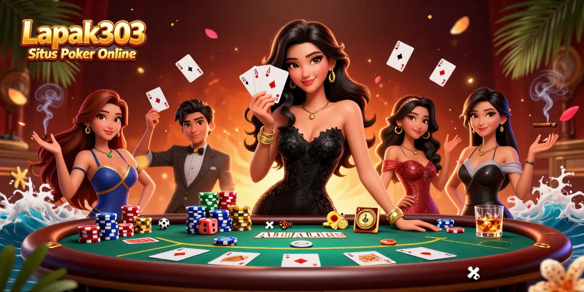 Win big with Lapak303 Situs Poker Online as elegant Asian woman showcases her winning hand in a vibrant casino.