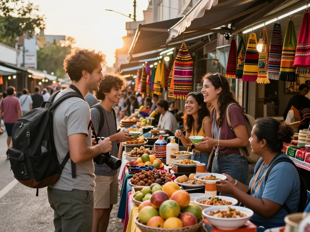 Traveler enjoying local culture and food while exploring vibrant market, go here for the best street experiences.